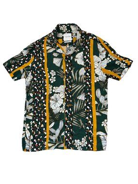 Denim & Flower Resort Shirt Green Floral Leopard Camp Collar Medium